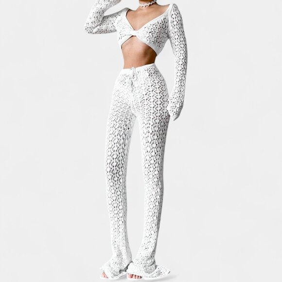 Nakd White Crochet Long Sleeve Crop Top Flared Pants Two Piece Set Size XS/S - Picture 3 of 7